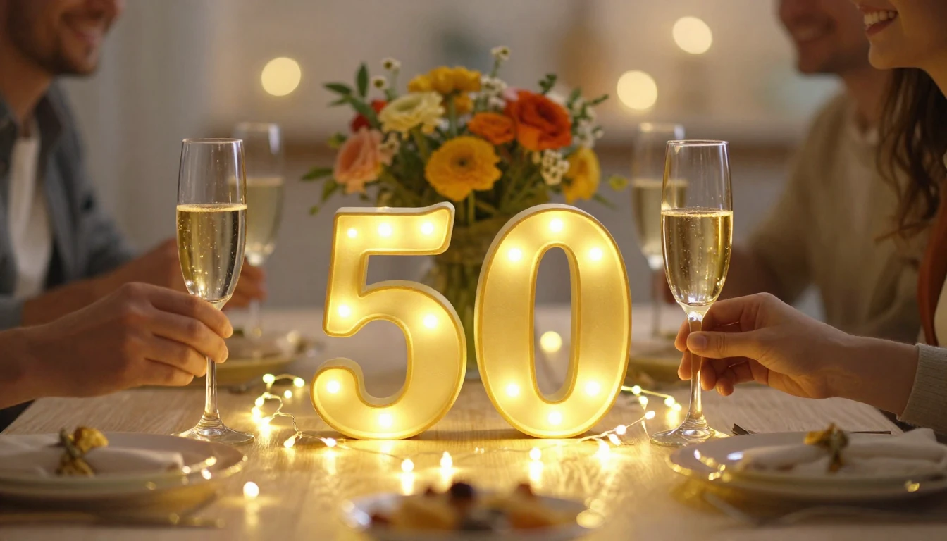 A beautifully decorated birthday table with a glowing golden...