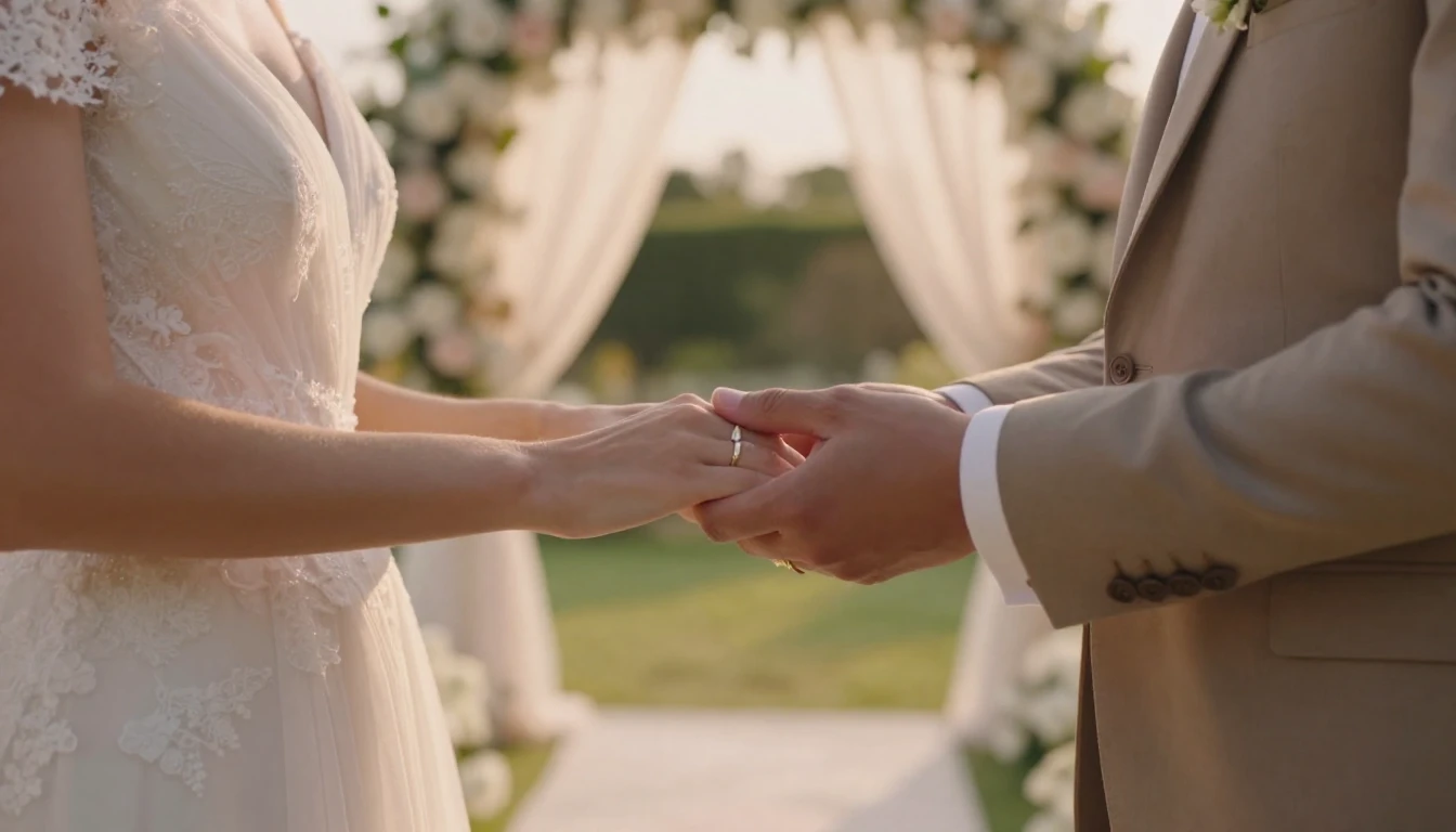 A cinematic close-up shot of a bride and groom holding hands...