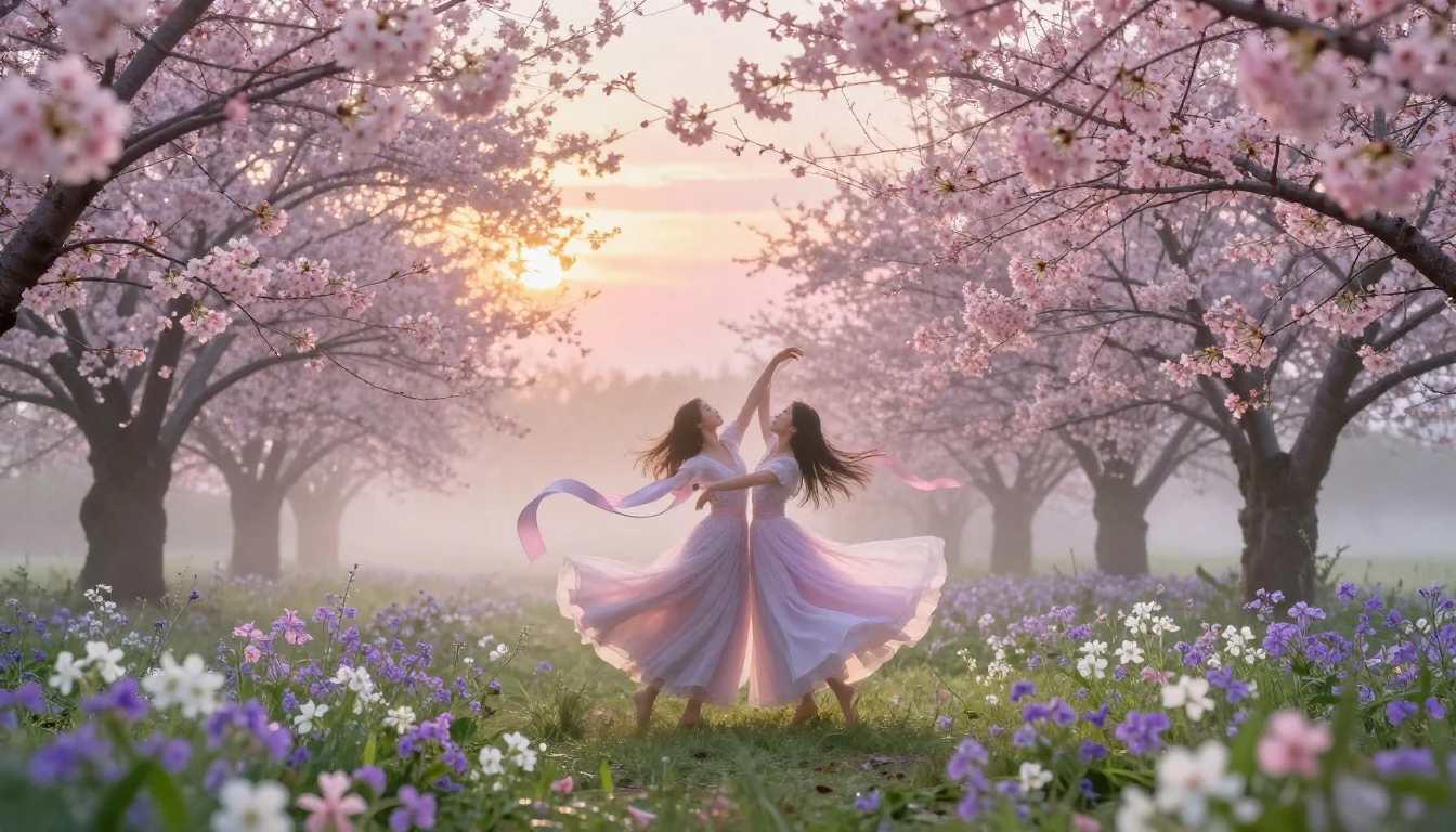 A breathtaking landscape of a blooming spring garden at sunr...