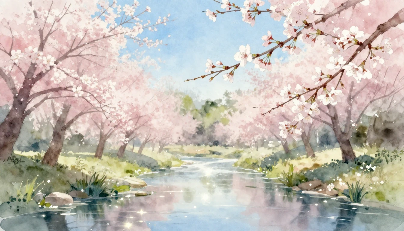 A serene spring landscape painted in delicate watercolor sty...