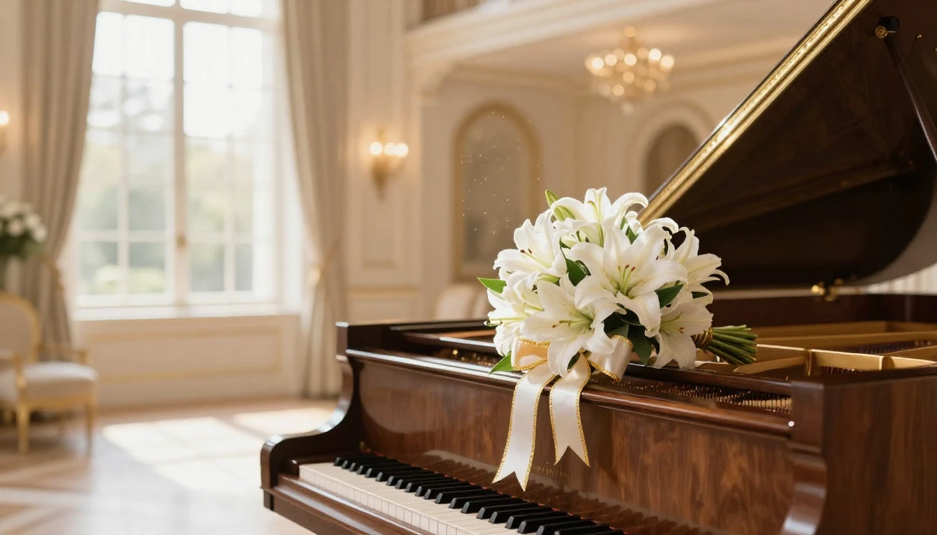 A luxurious and elegant scene featuring a grand piano in a s...