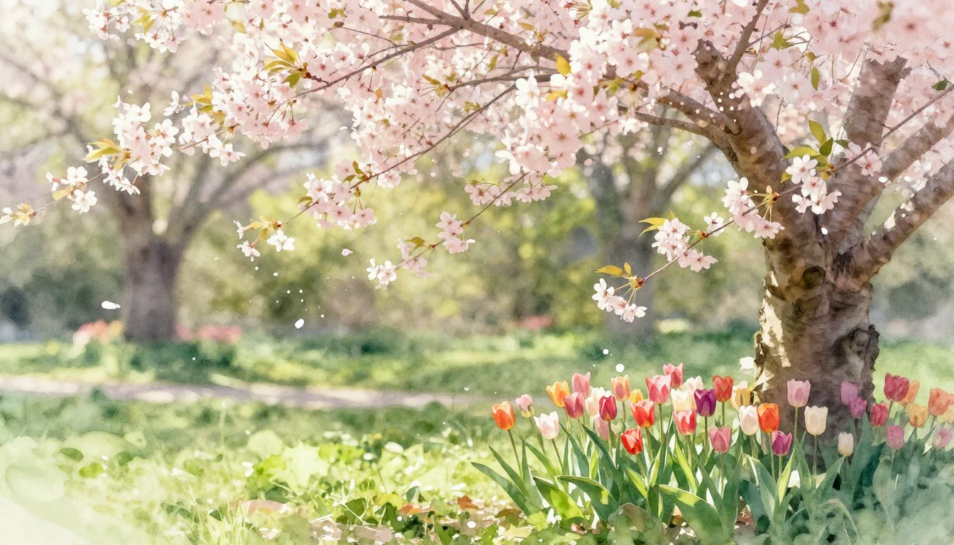A lush spring garden in full bloom with soft pastel colors. ...