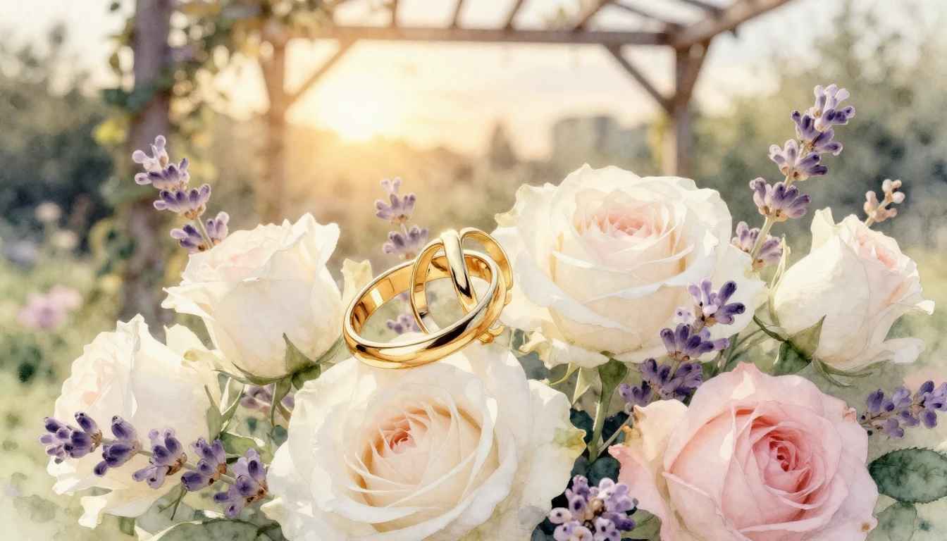 A delicate watercolor painting of two elegant gold rings res...