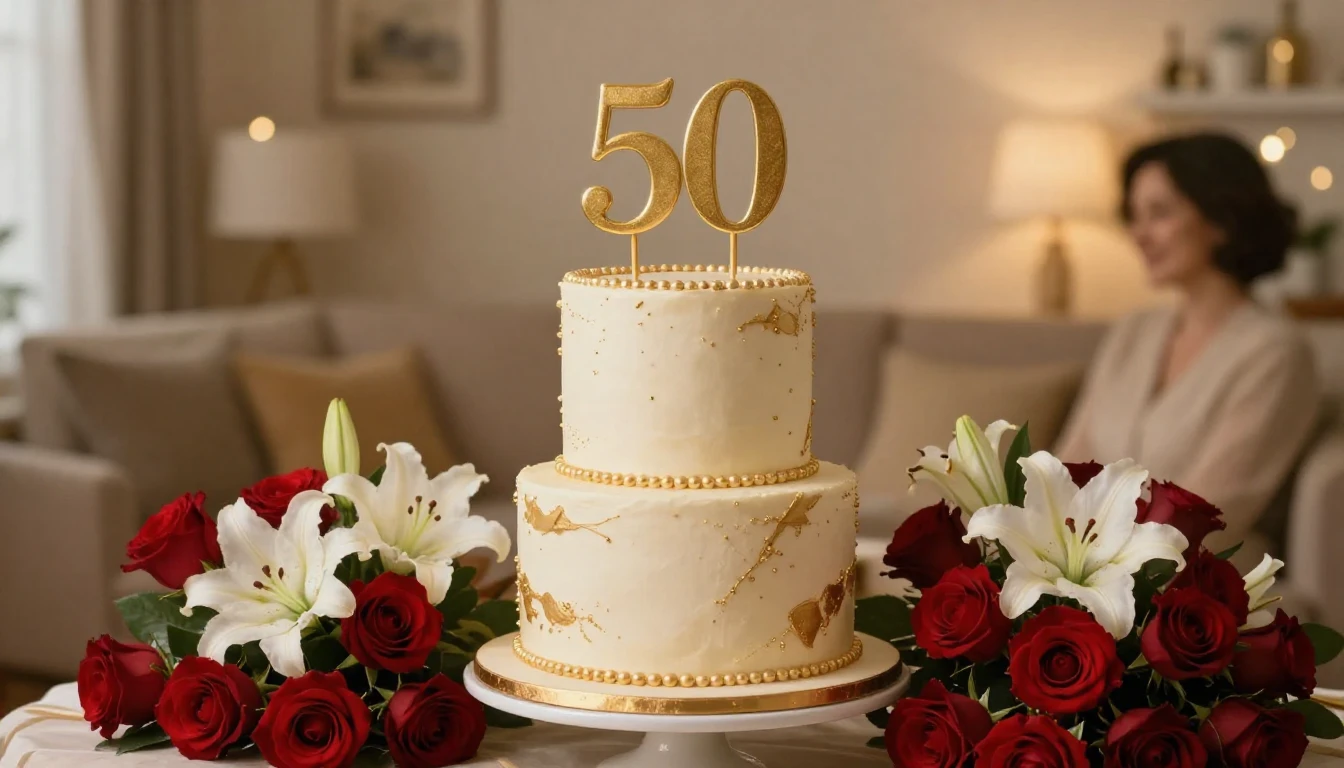 A heartwarming and elegant 50th birthday celebration scene f...