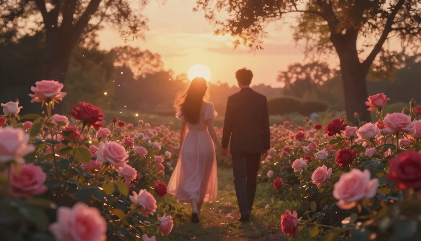 A dreamy and ethereal scene of two silhouettes walking throu...