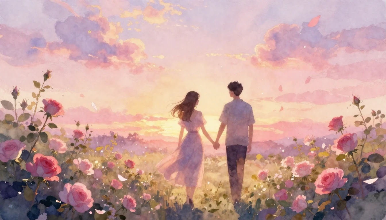 A dreamlike watercolor painting of two silhouettes walking h...