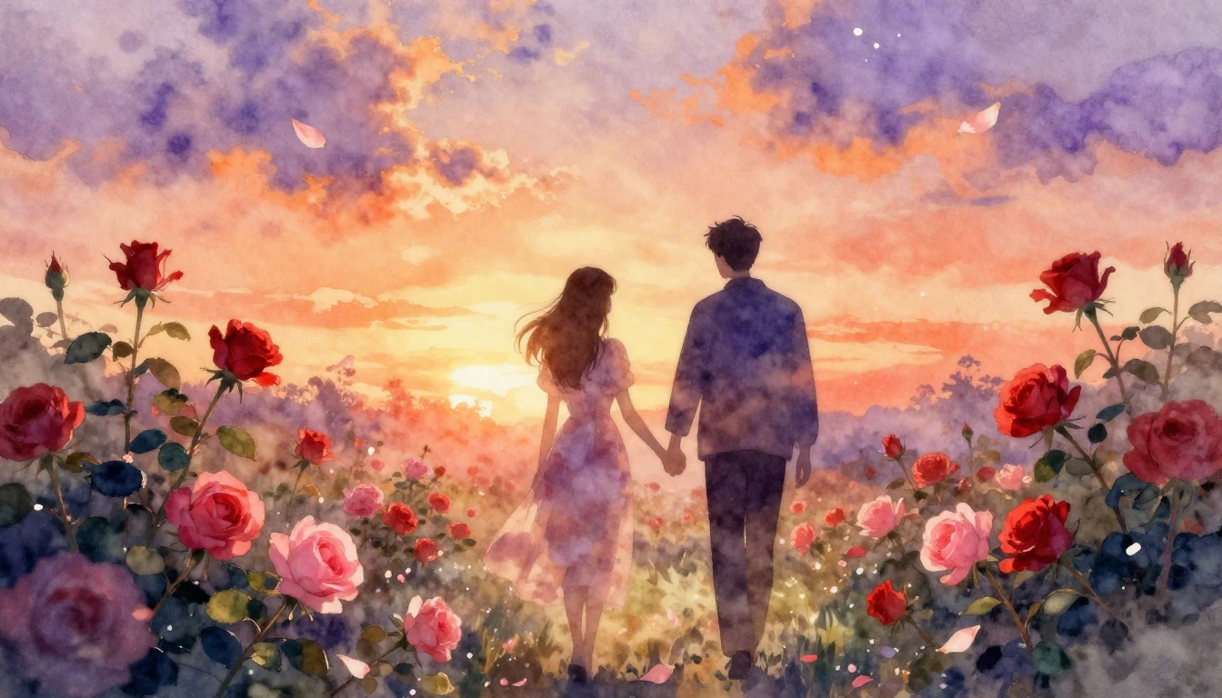 A soft watercolor painting of two delicate silhouettes walki...