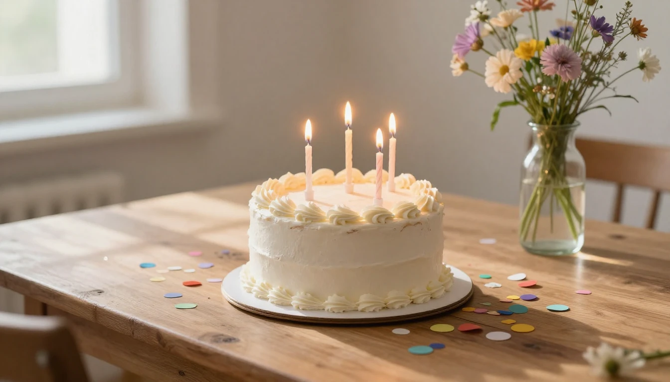 A close-up view of a rustic wooden table set for a birthday ...