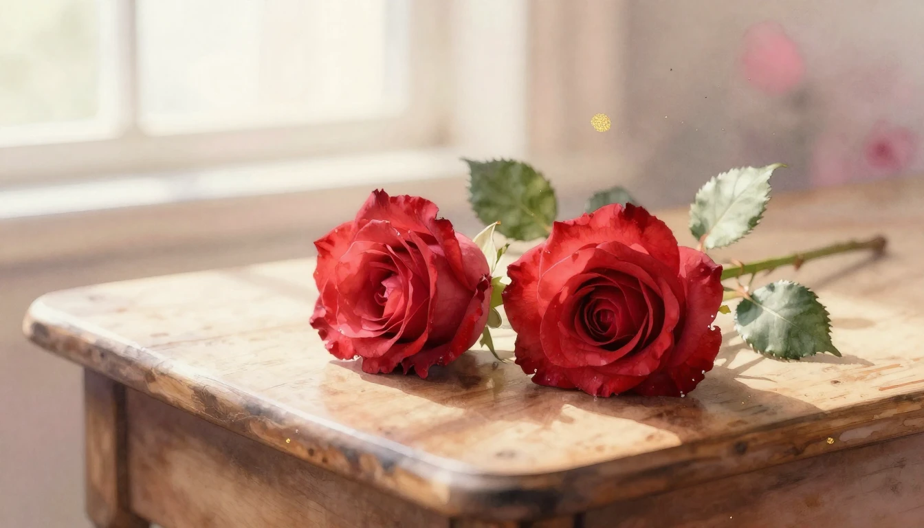 A beautiful watercolor painting of two delicate red roses re...