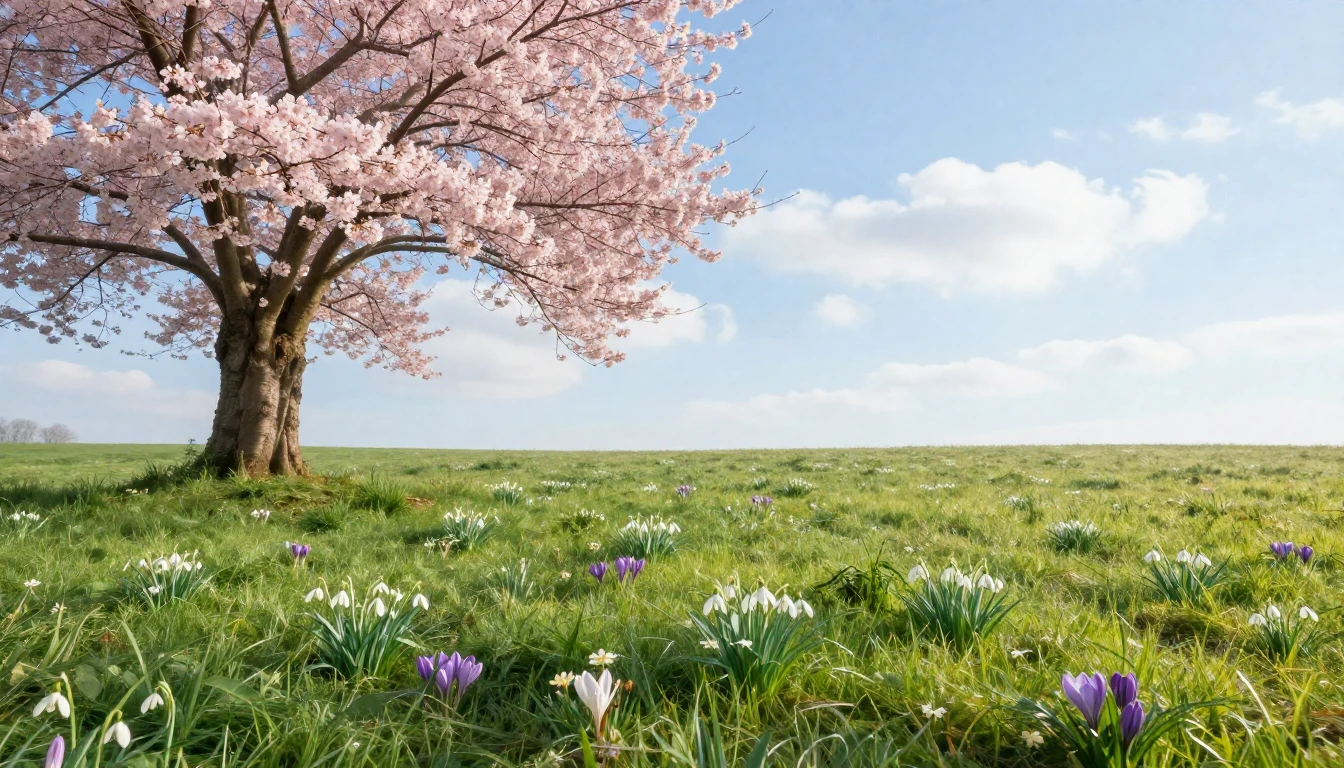 A serene landscape featuring a lush green meadow with the fi...