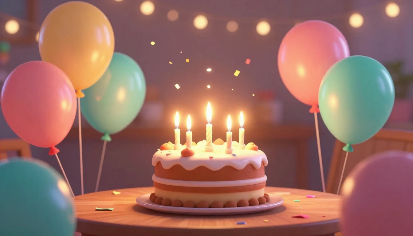 A warm and joyful 3D animated style scene celebrating a birt...