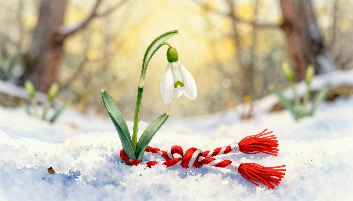 A delicate watercolor painting of a snowdrop flower emerging...