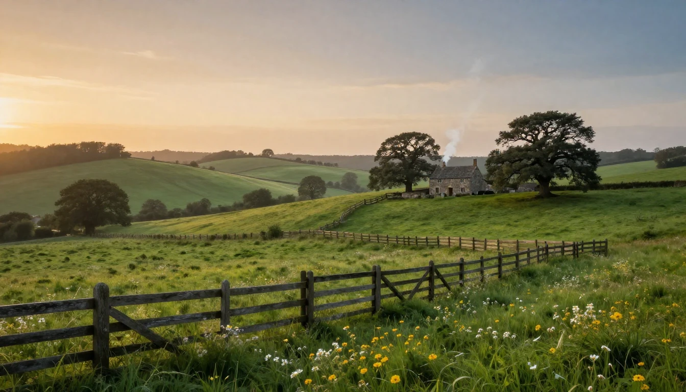 A serene landscape featuring a rolling green valley under a ...