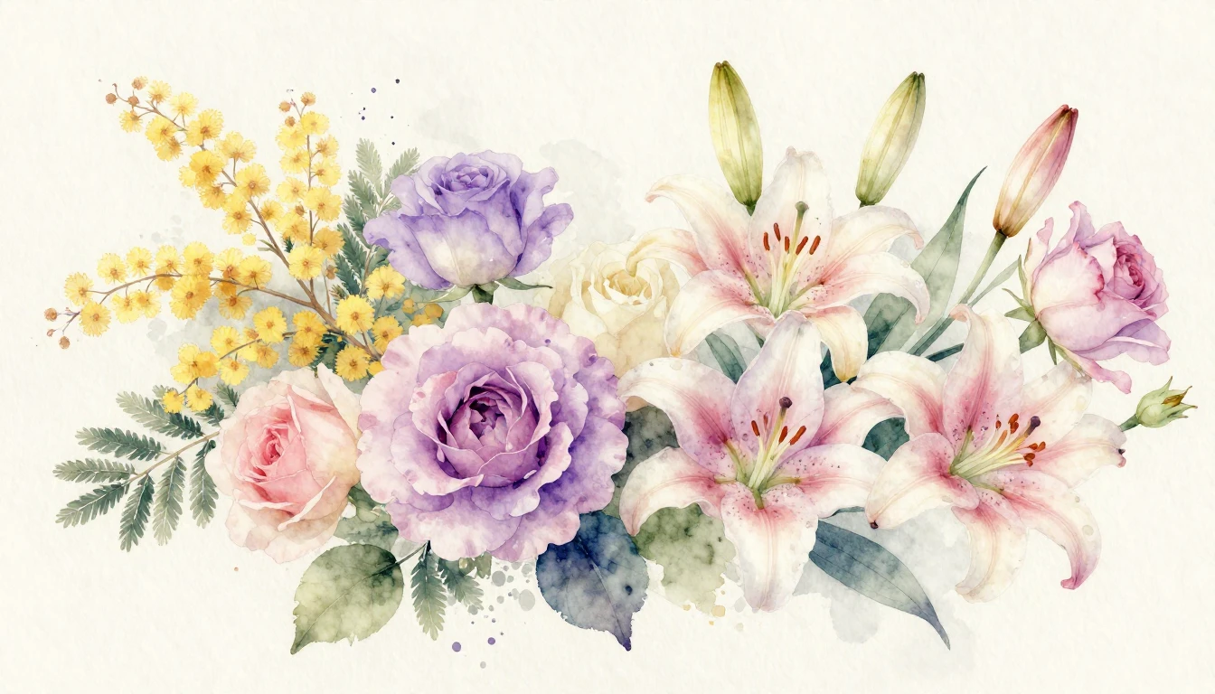 A beautiful and delicate watercolor painting featuring a var...