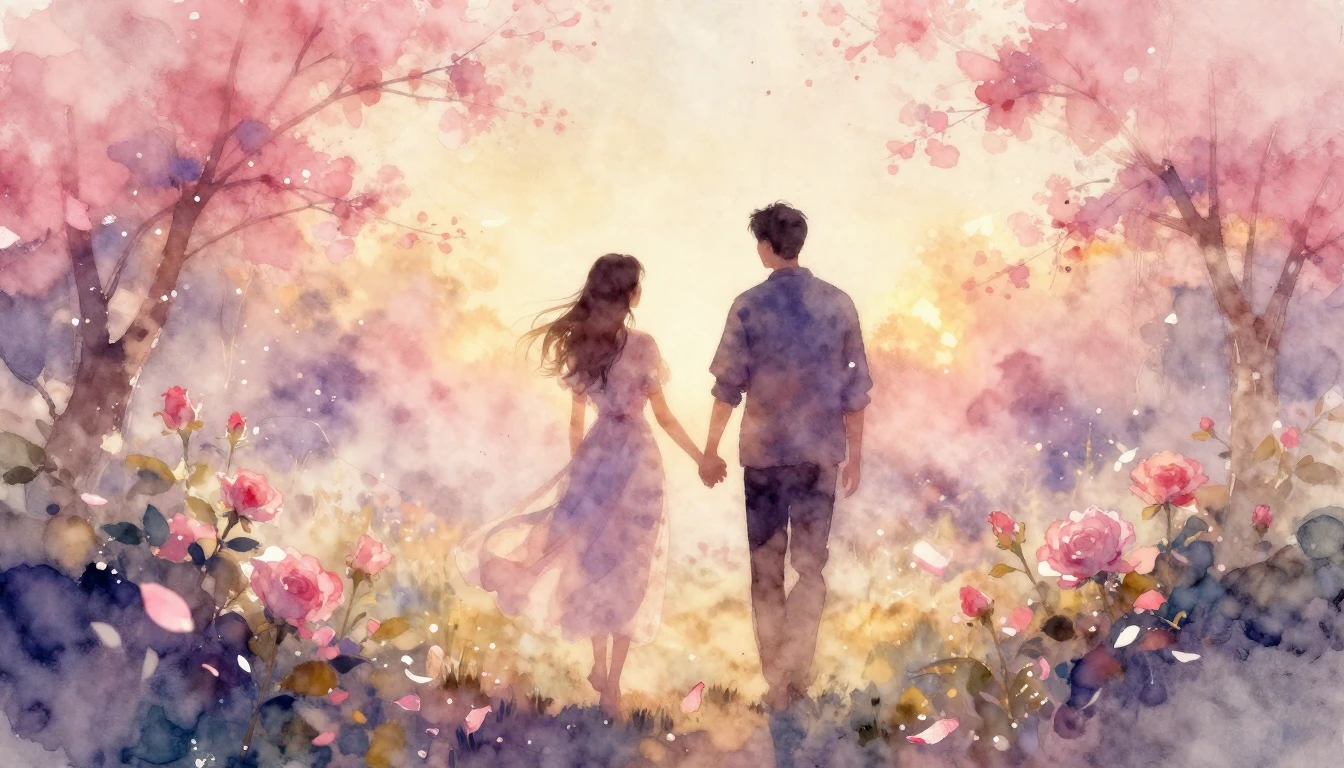 A soft watercolor painting of two silhouettes walking hand-i...