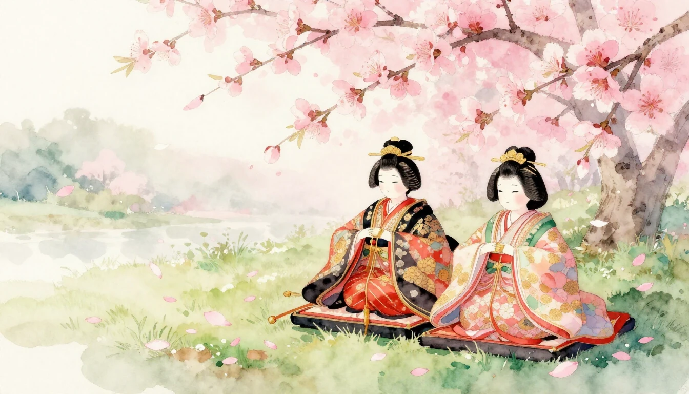 A delicate watercolor painting of traditional Japanese Hina ...