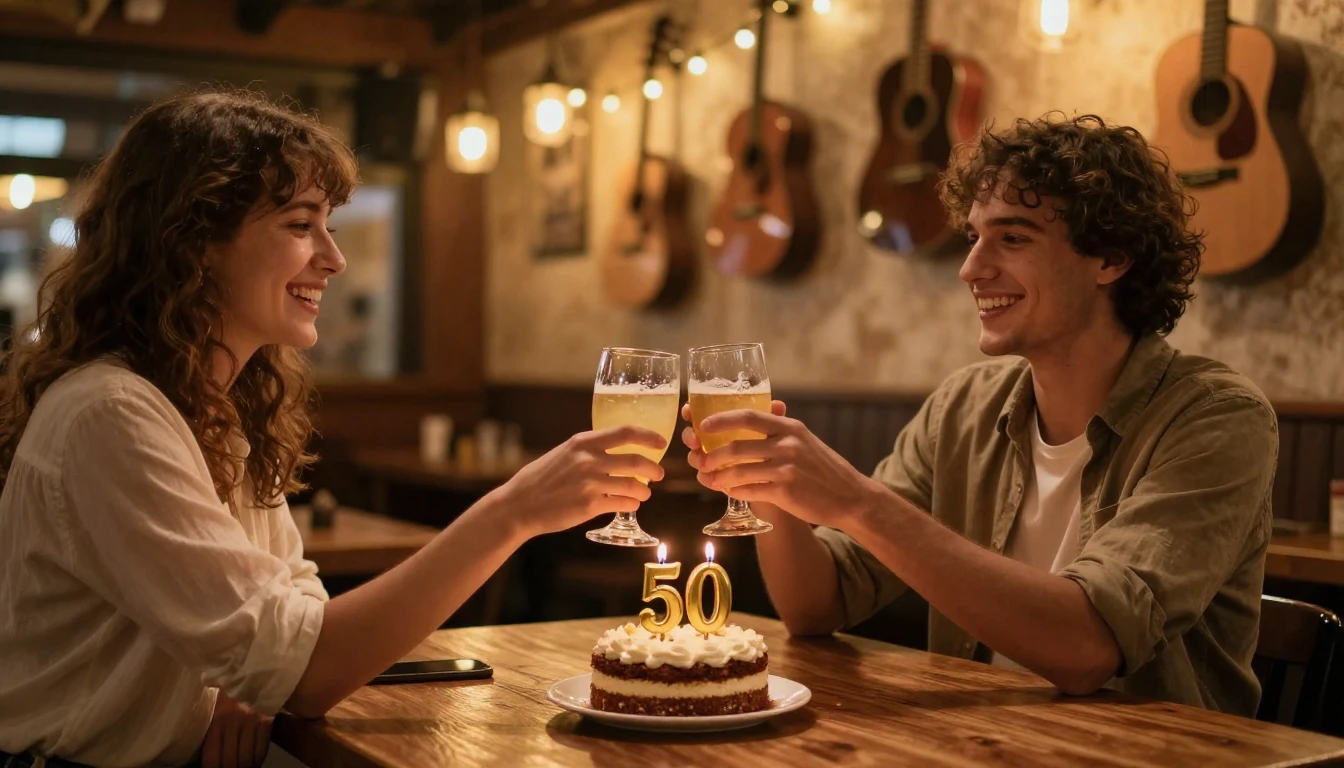 A warm, joyful scene of two friends clinking glasses in a co...