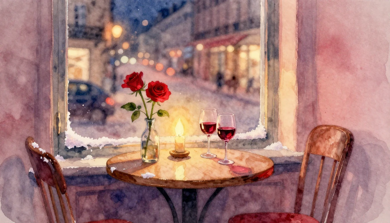 A romantic watercolor painting of a cozy evening scene. A sm...