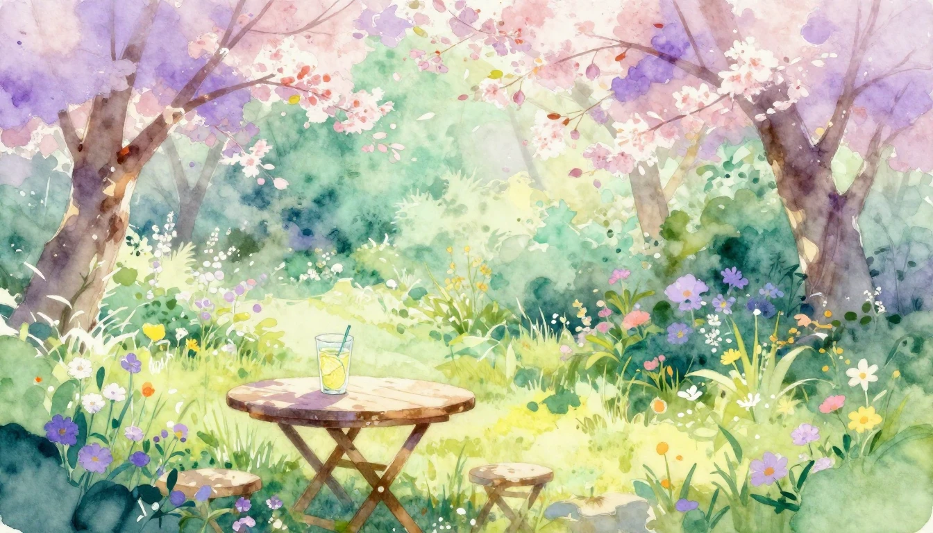 A vibrant watercolor painting of a lush garden in full bloom...