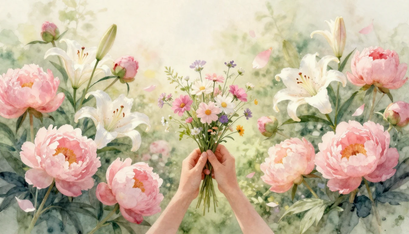 A beautiful watercolor painting of a blooming garden filled ...