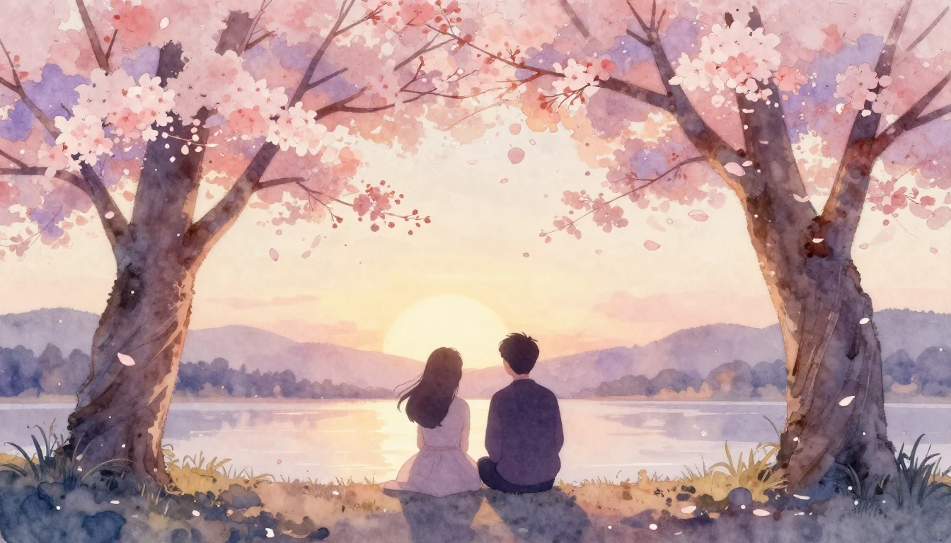 A delicate watercolor painting of two stylized silhouettes s...