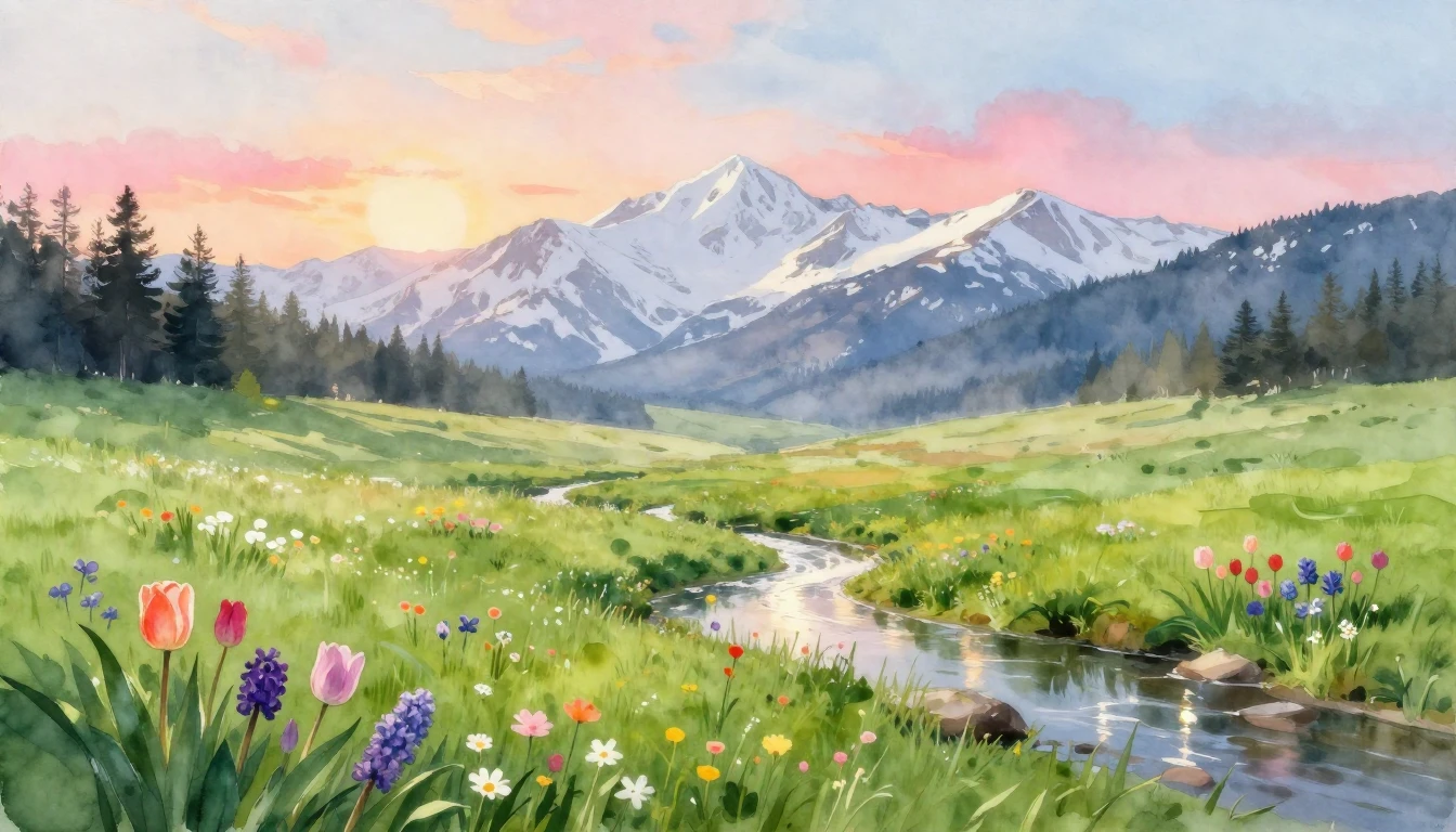 A breathtaking watercolor painting of a lush meadow at dawn....