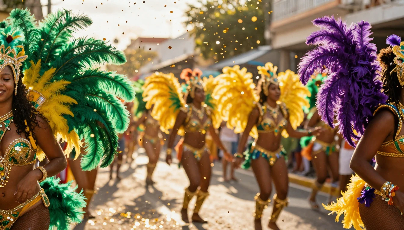 A vibrant and explosive scene of a Carnival festival. The im...