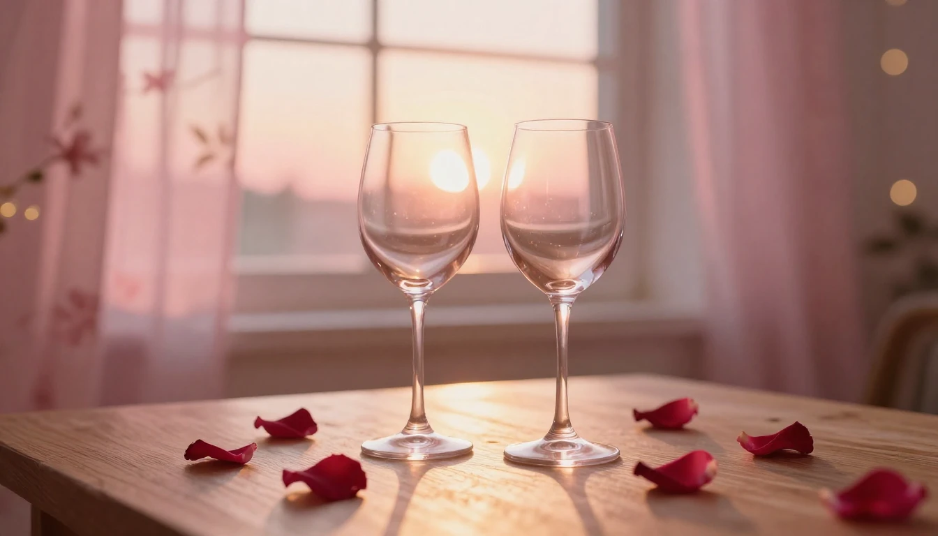 A soft and dreamy scene featuring two elegant wine glasses o...