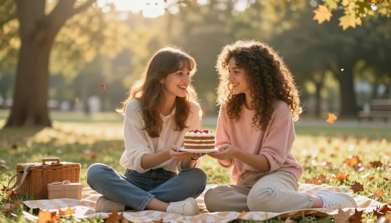 Two smiling young friends sitting on a cozy picnic blanket i...