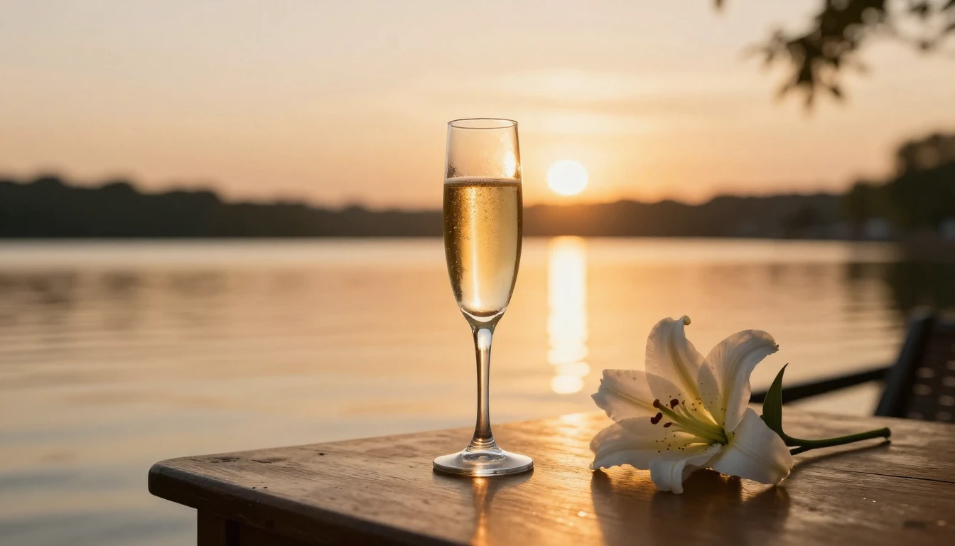 A serene and elegant scene featuring a golden sunset reflect...