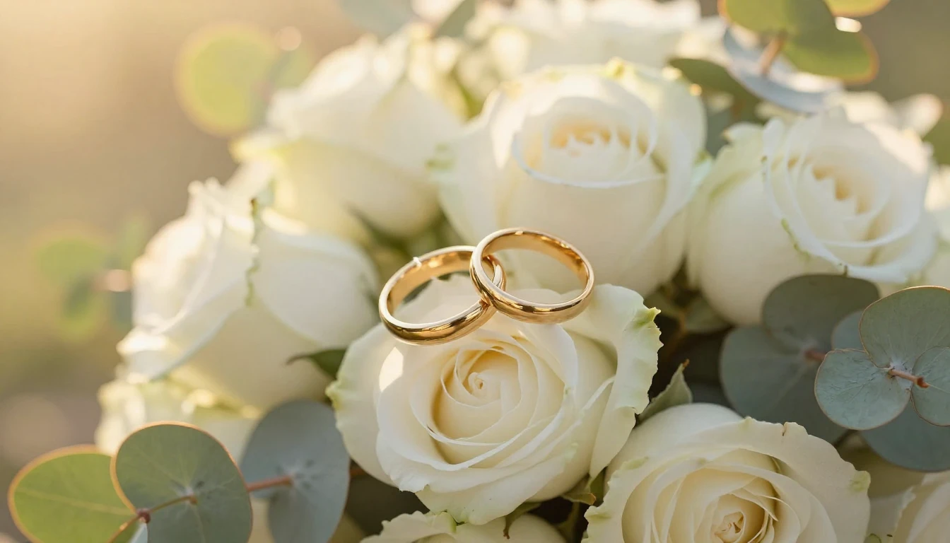 Two golden wedding rings intertwined resting on a bed of sof...