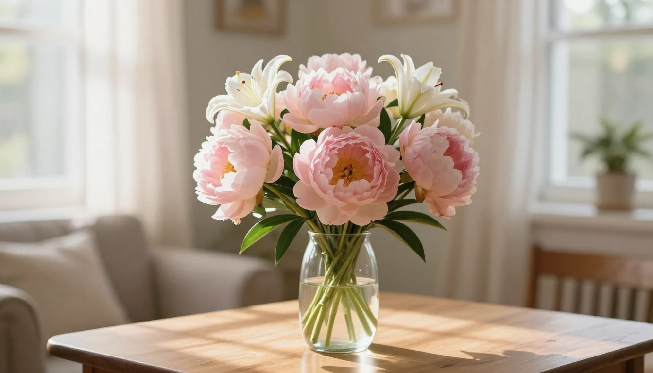 A beautiful bouquet of soft pink peonies and white lilies in...