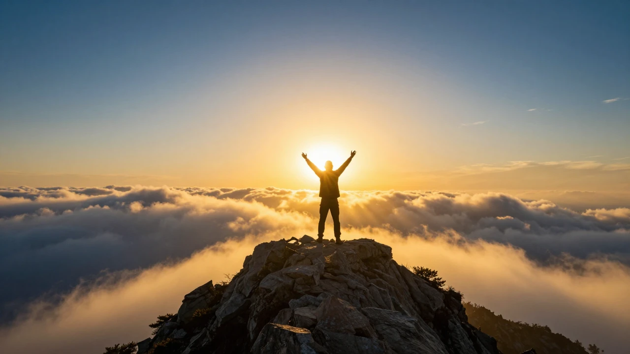 A lone triumphant figure standing at the peak of a majestic ...