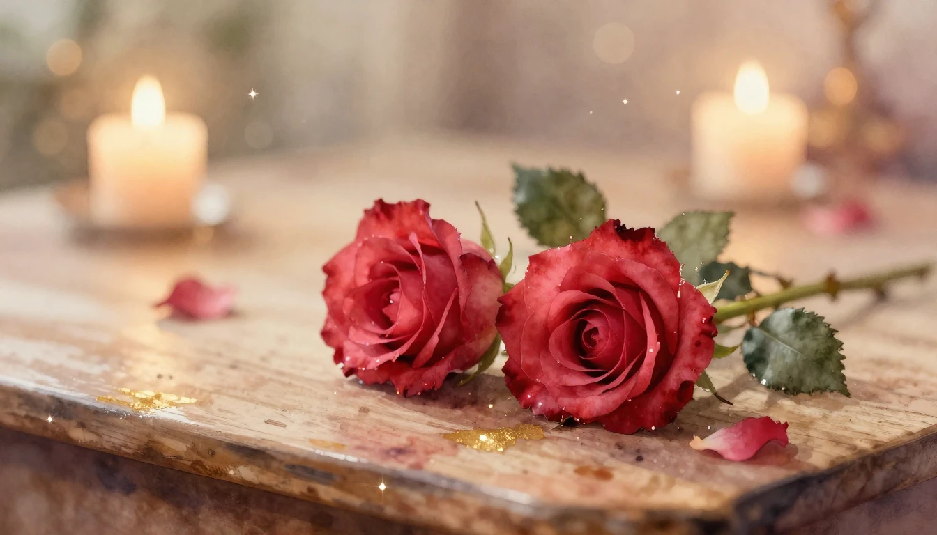 A soft watercolor painting of two delicate red roses resting...
