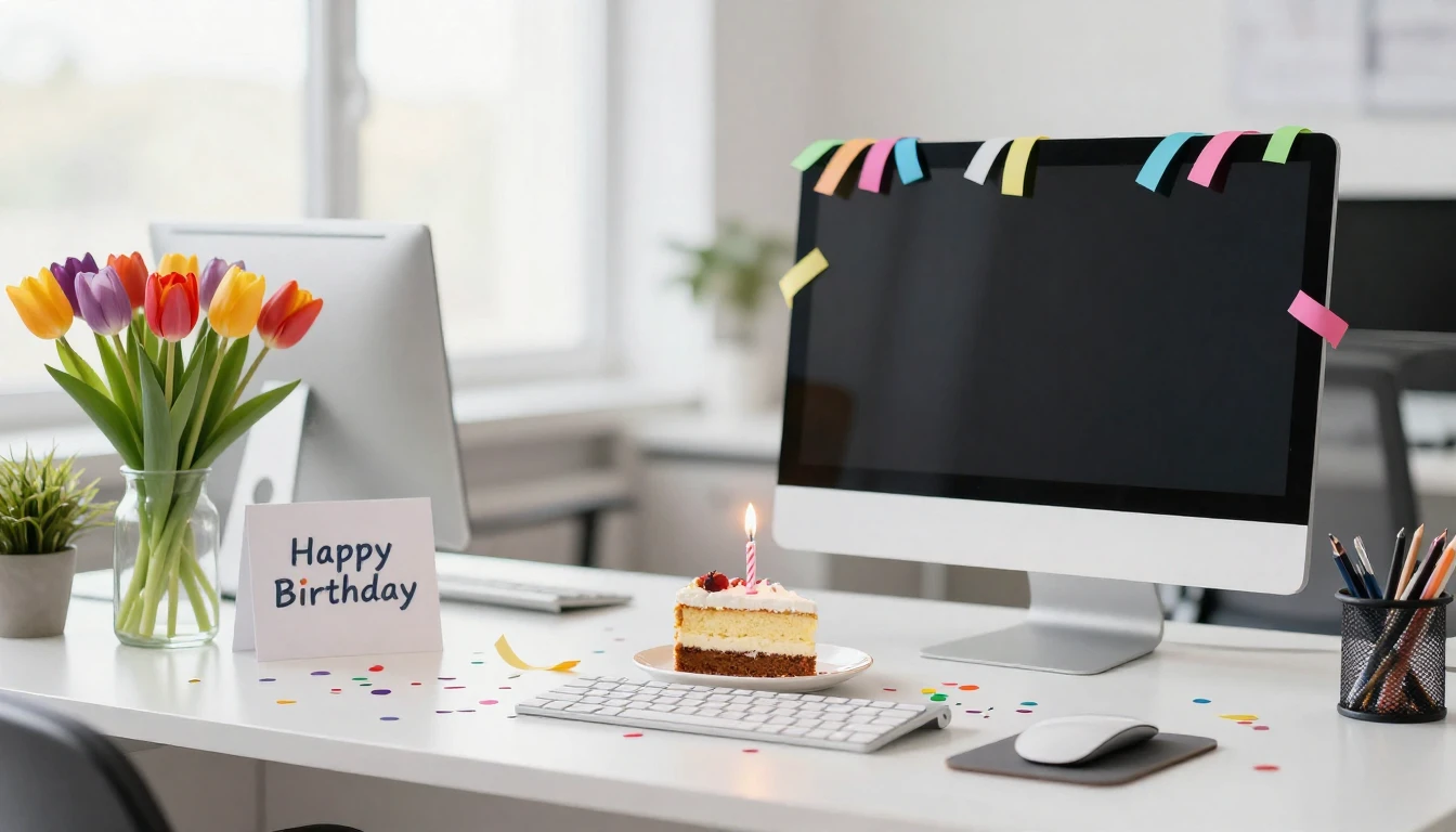 A festive and bright office desk scene celebrating a birthda...