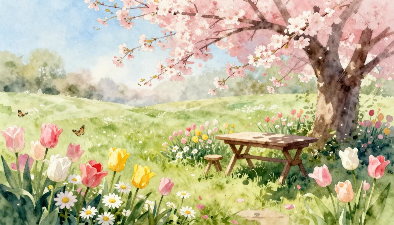 A lush spring garden in full bloom, painted in soft watercol...