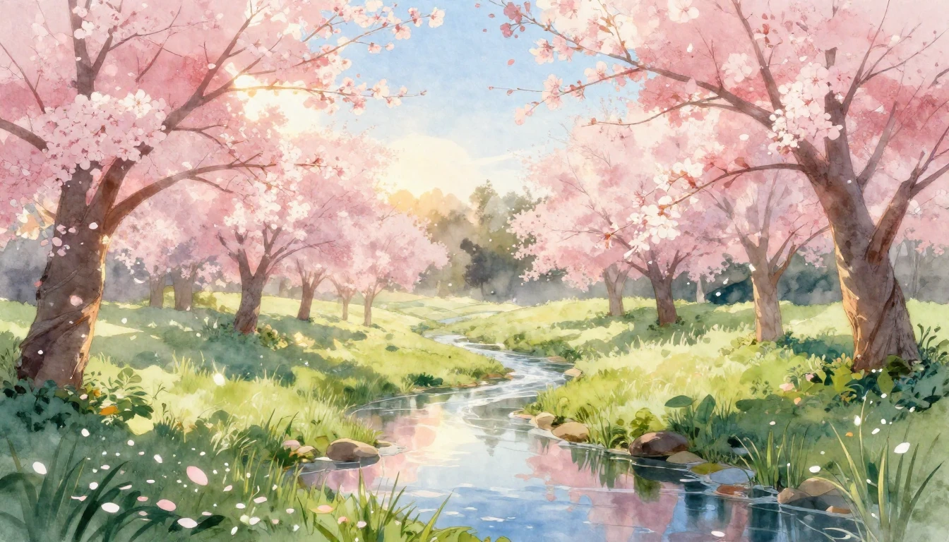 A breathtaking watercolor illustration of a lush spring mead...