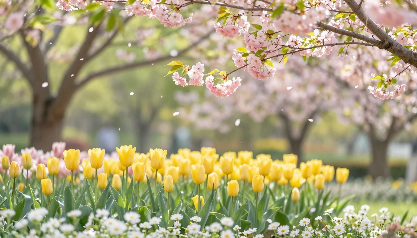 A lush spring garden in full bloom, featuring vibrant cherry...