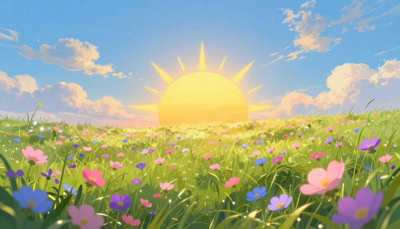 A vibrant and luminous landscape bathed in golden morning su...