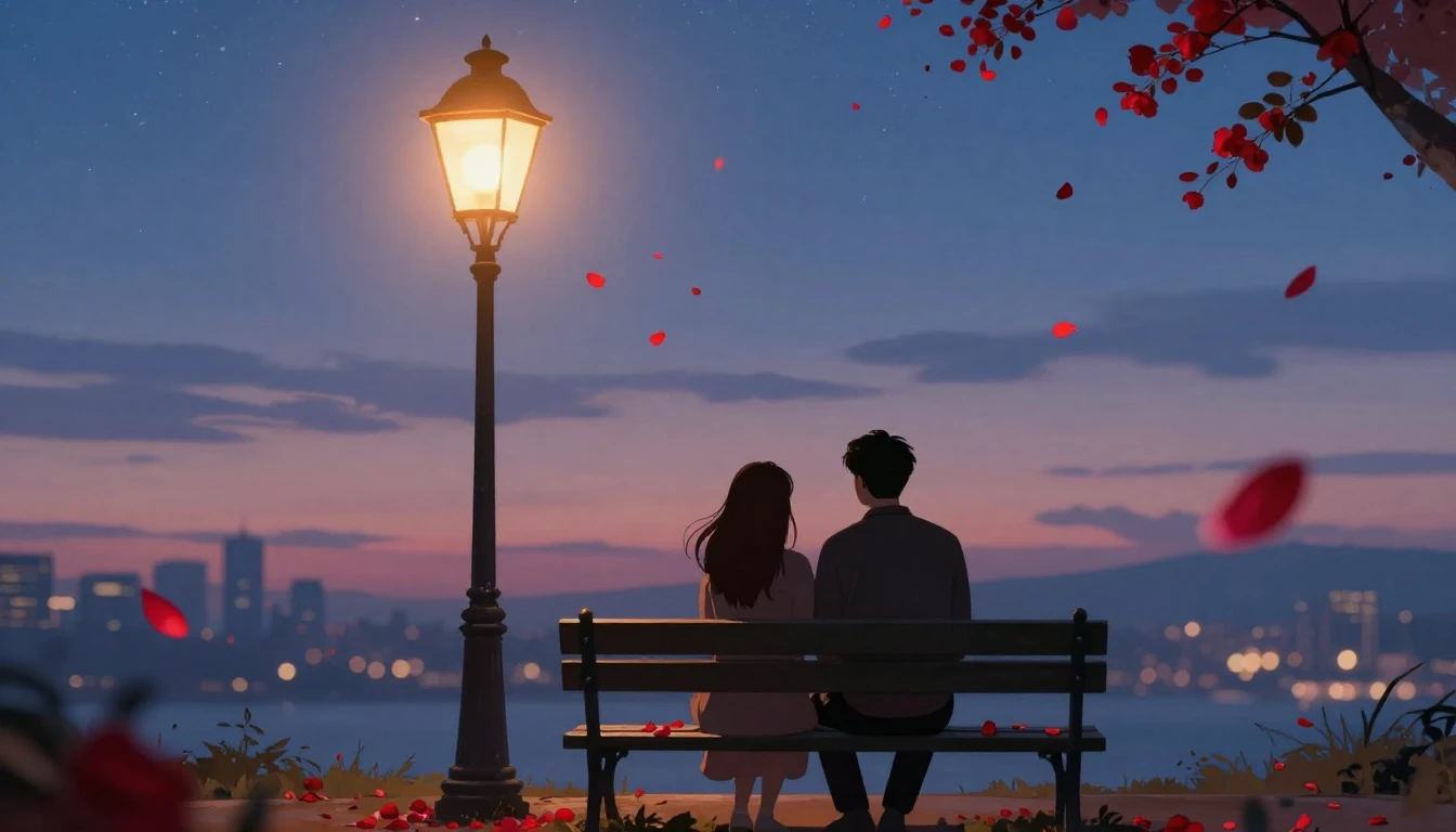 A romantic scene featuring a silhouette of a couple sitting ...