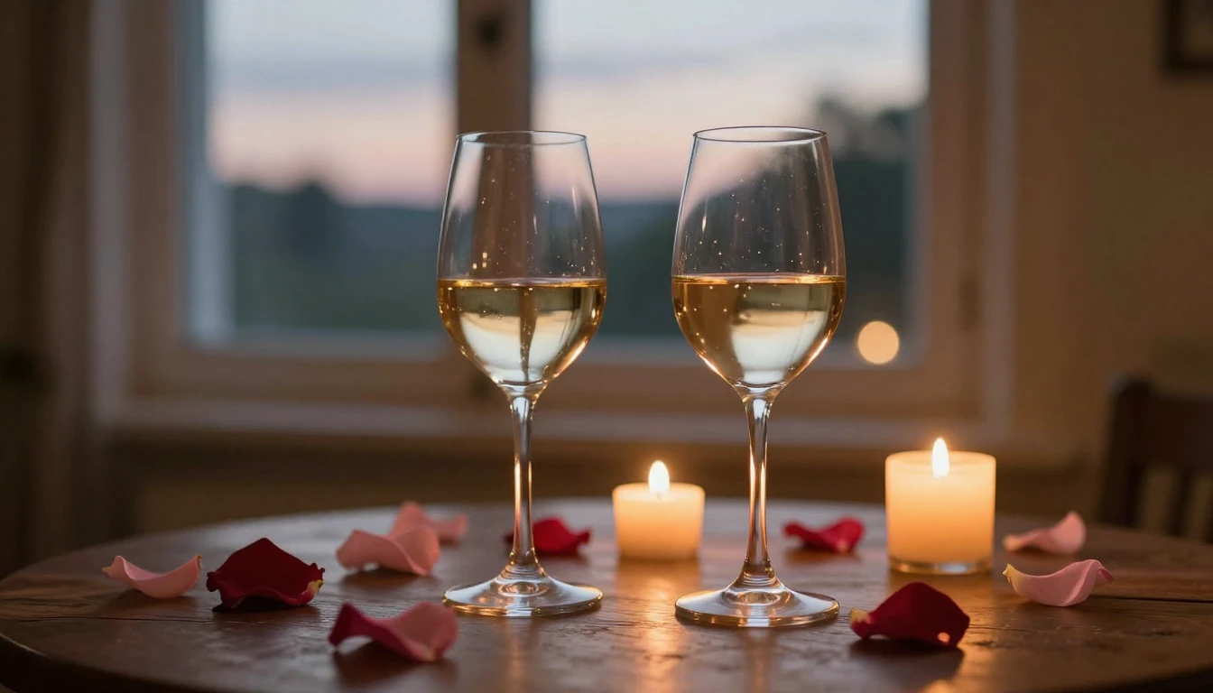A serene and romantic scene featuring two elegant glasses of...
