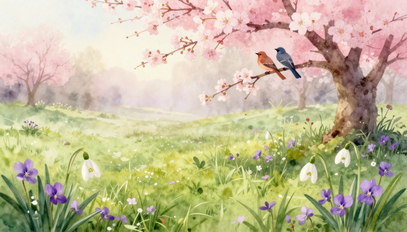 A breathtaking watercolor painting of a lush, blooming meado...