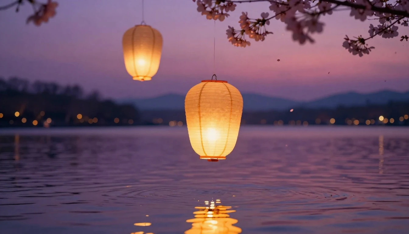 A breathtaking scene of two glowing paper lanterns floating ...