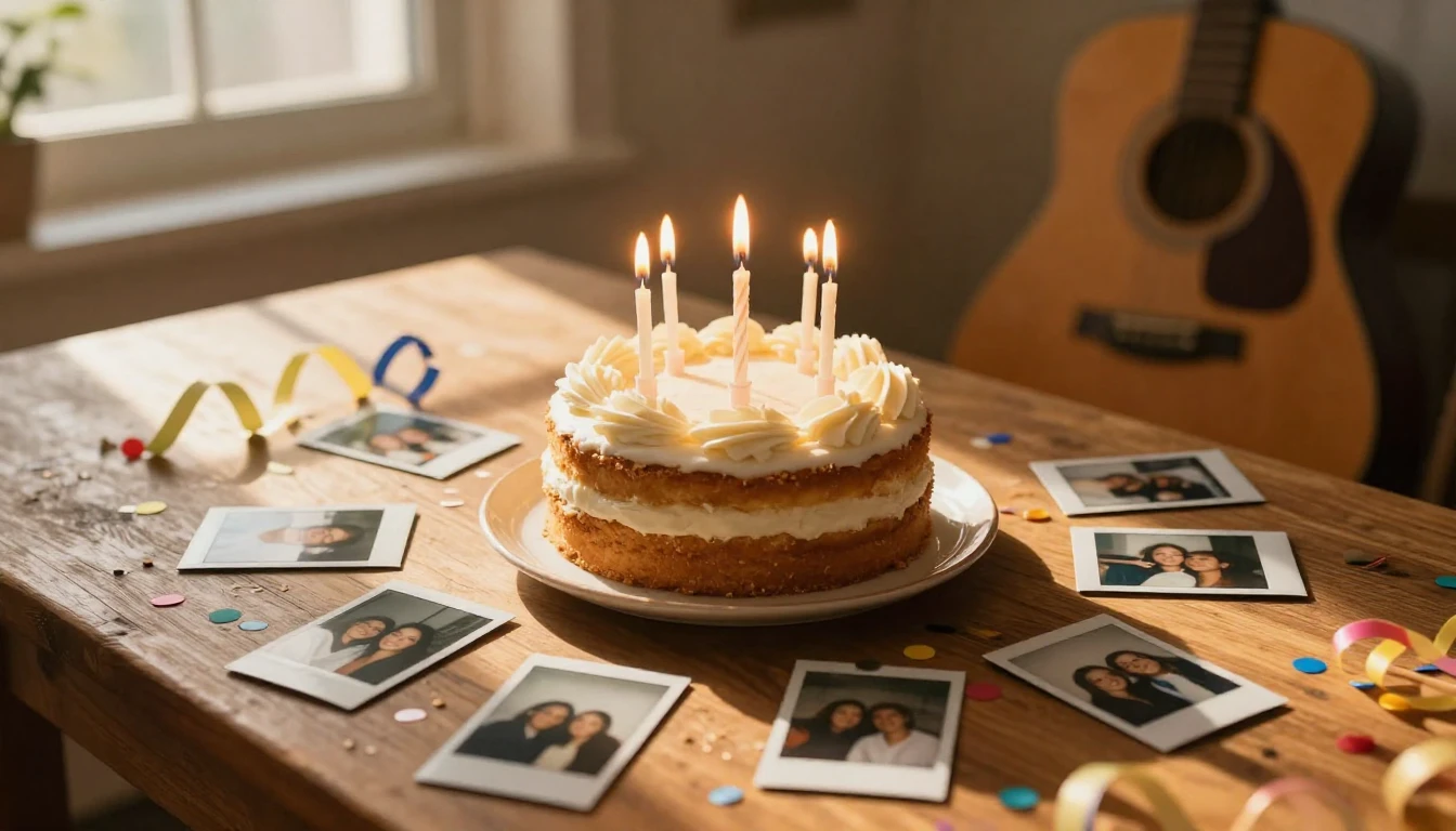 A warm and nostalgic scene on a rustic wooden table. In the ...