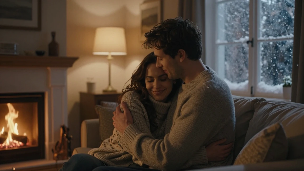 Cinematic warm-toned shot of a loving couple embracing in a ...