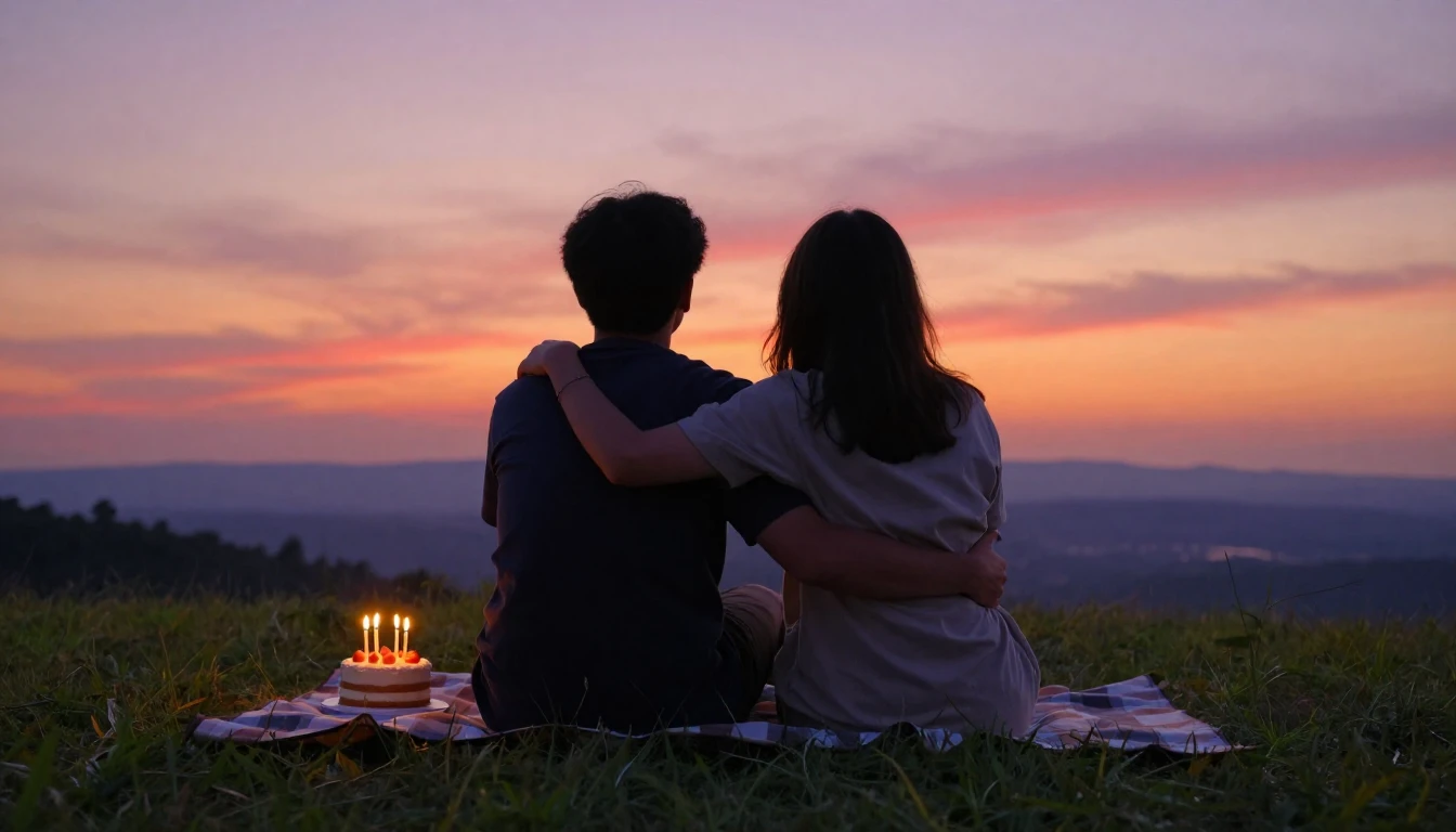 Two friends sitting side by side on a grassy hill during a b...