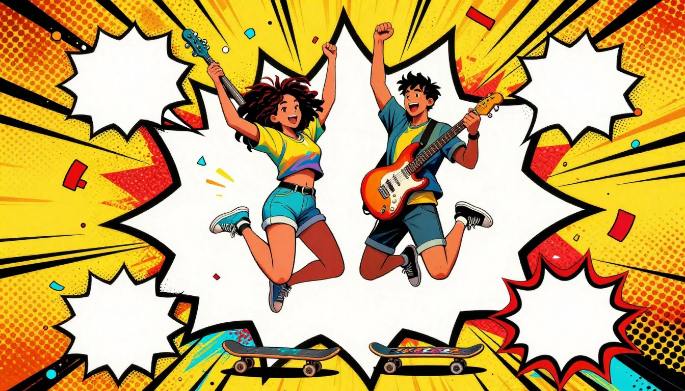 A vibrant and energetic illustration of two friends jumping ...