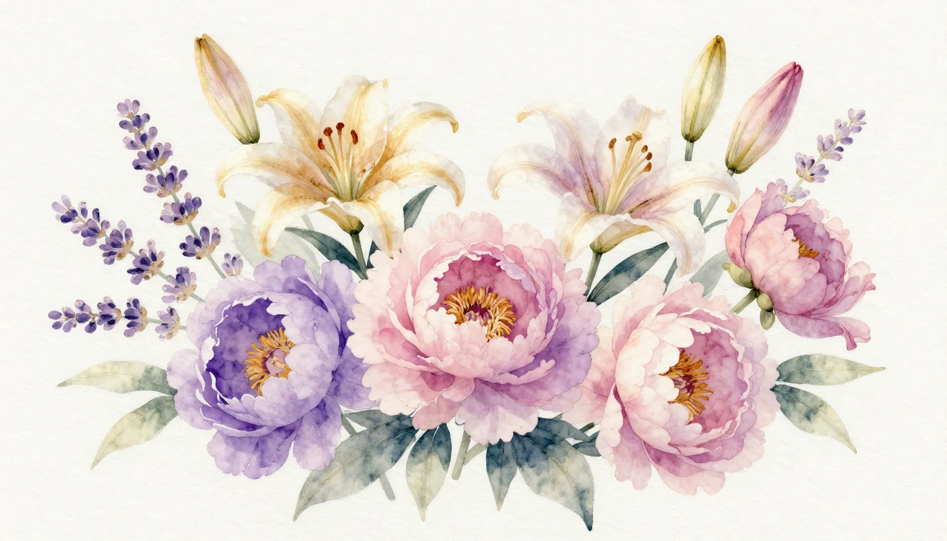 A delicate watercolor painting of various blooming flowers l...