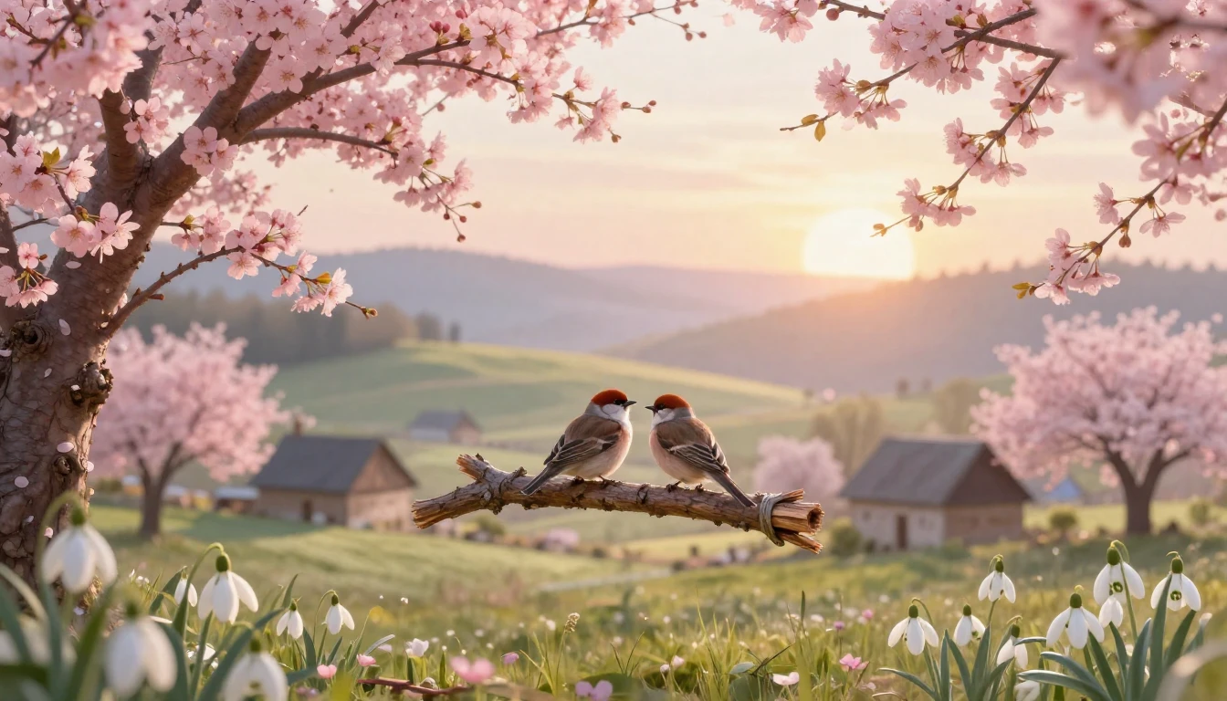 A serene spring landscape in a traditional Romanian village ...