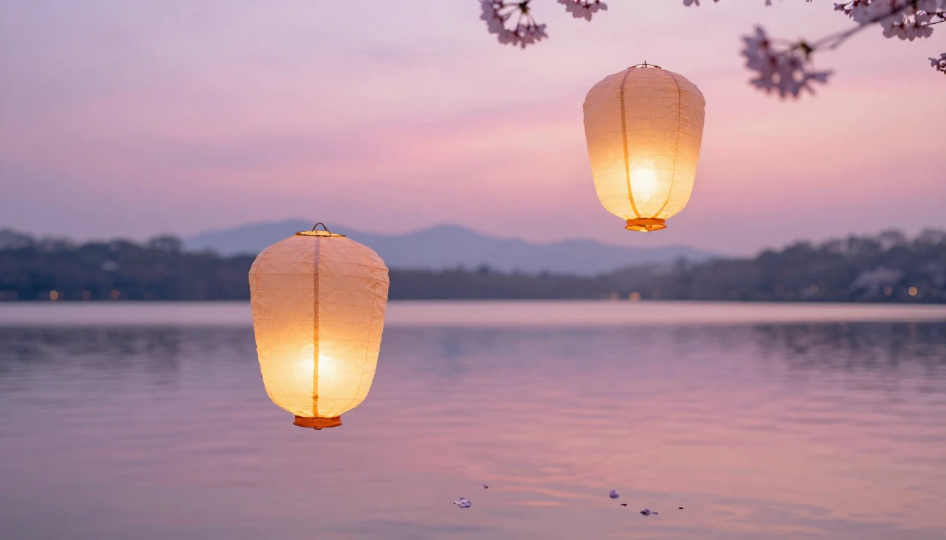 A dreamy and ethereal scene featuring two delicate paper lan...